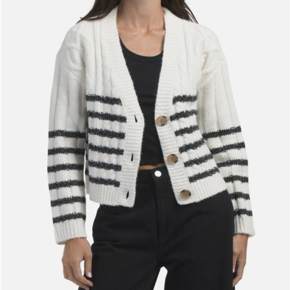 Lg Lucky Brand Black White Striped Cable Knit Wool Blend Cardigan Sweater Preppy